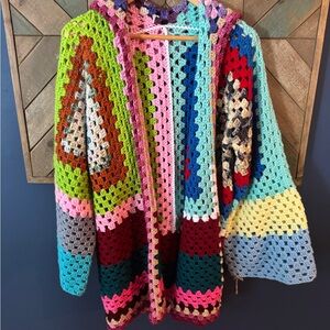 Handmade Multicolor Crochet Cardigan - Vintage Granny Square Style